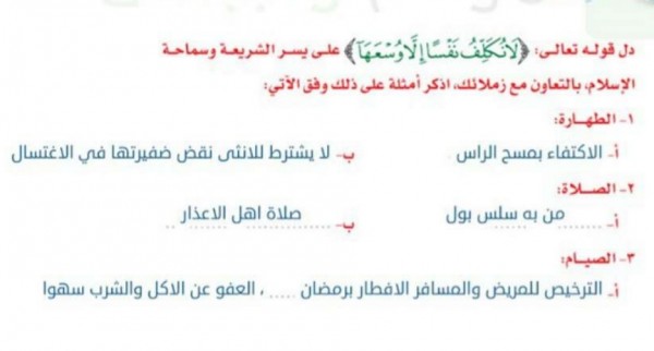 دل قوله تعالى لا تكلف نفسا إلا وسعها على يسر الشريعة وسماحة الإسلام بالتعاون مع زلائك اذكر أمثلة