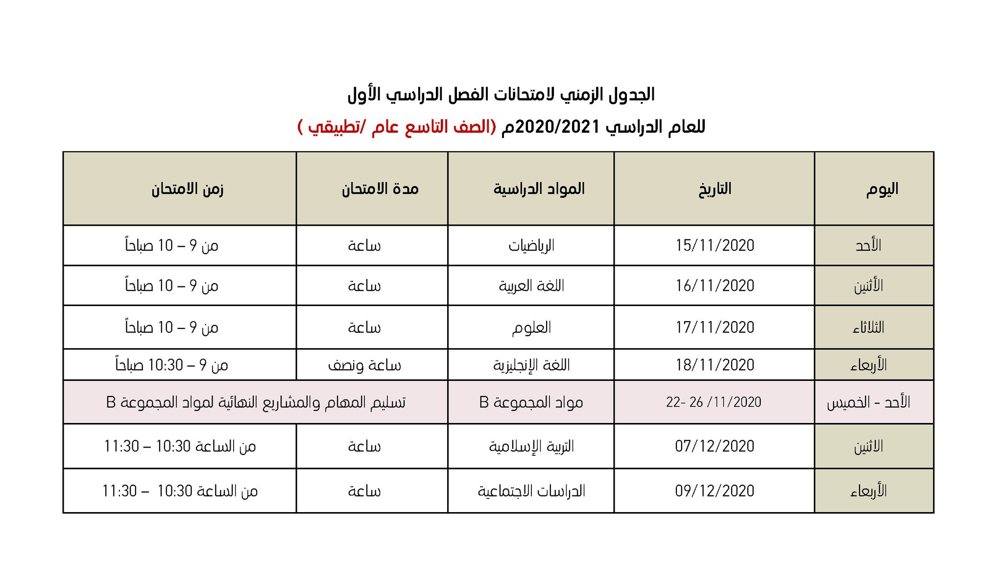 تم تنفيذ البرنامج العام للصف التاسع