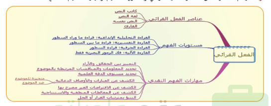 ارسم شكلاً يلخص عناصر الفعل القرائي ومستويات الفهم ومهارات الفهم النقدي