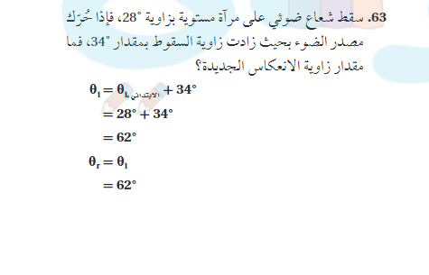 سقط شعاع ضوئي علي مراة مستوية بزاوية 28 فاذا حرك مصدر الضوء حيث كثرت السقوط بمقدار 34 فما مقدار زاوية الانعكاس الحديثة