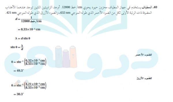 المطياف يستخدم في جهاز المطياف محزوز حيود يحوي 12000 خط/cm اوجد الزاويتين اللتين  الاحمر الذي طوله الموجي 632 nm