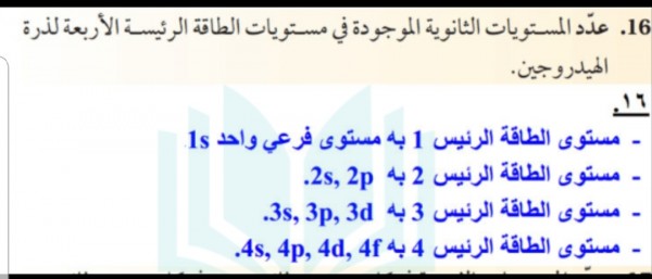 عدد مستويات الثانوية الموجودة في مستويات الطاقة الرئيسة الأربعة لذرة الهيدروجين