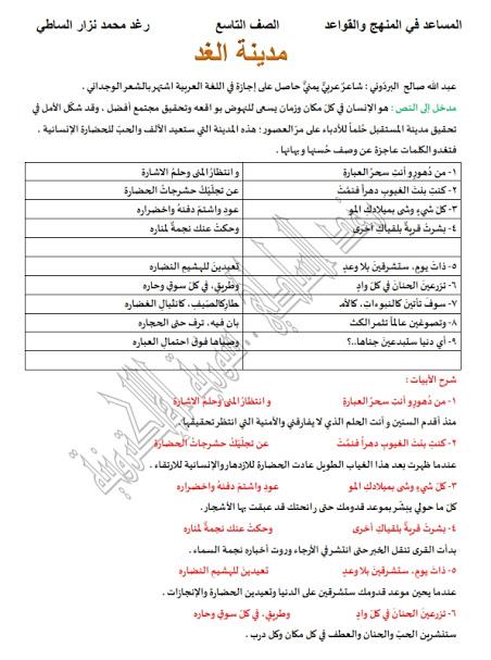 شرح وحل قصيدة مدينة الغد في اللغة العربية للصف