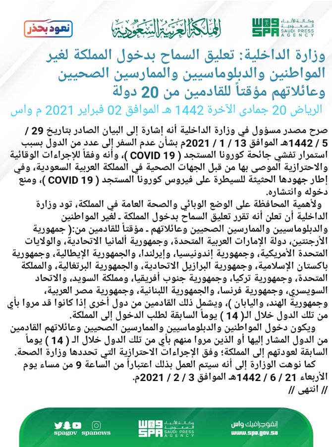 قرار منع 20 دولة من دخول السعودية