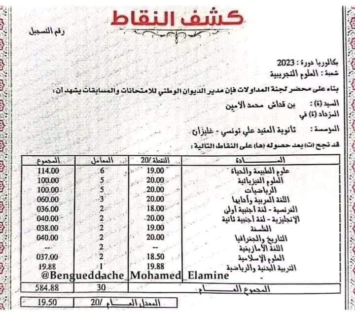 إعلان عشرات بن قداش محمد الأمين ، الفائز الأول على مستوى البلاد في البكالوريا 2023