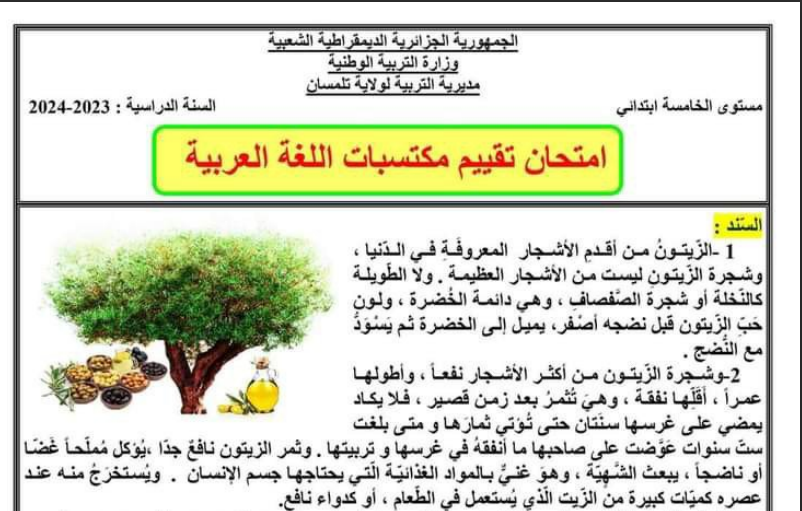 اختبار تقدير تحصيلي لجميع المواد للصف الخامس الابتدائي